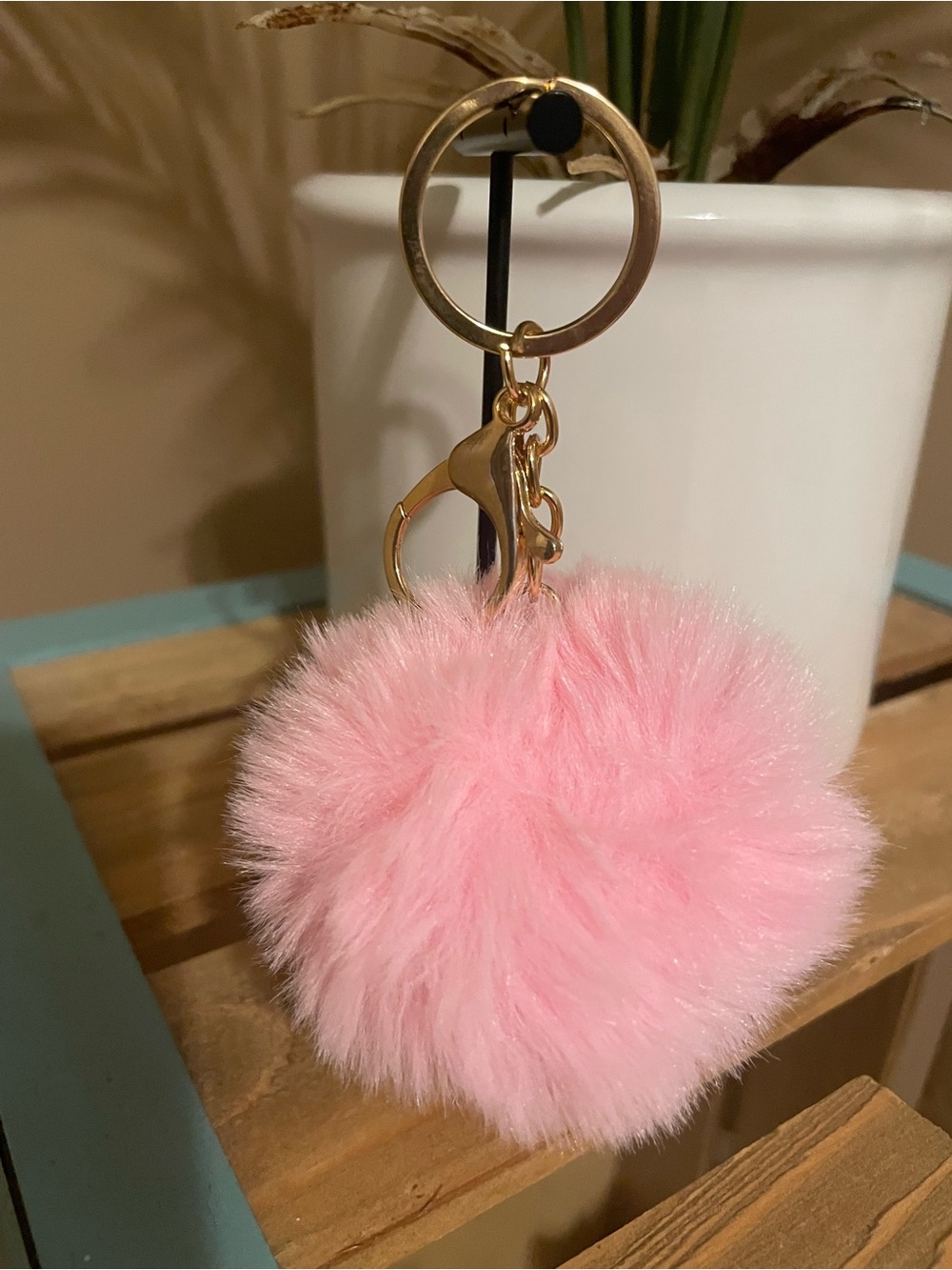 Pink Faux Fur Pom Keychain With Gold Hardware